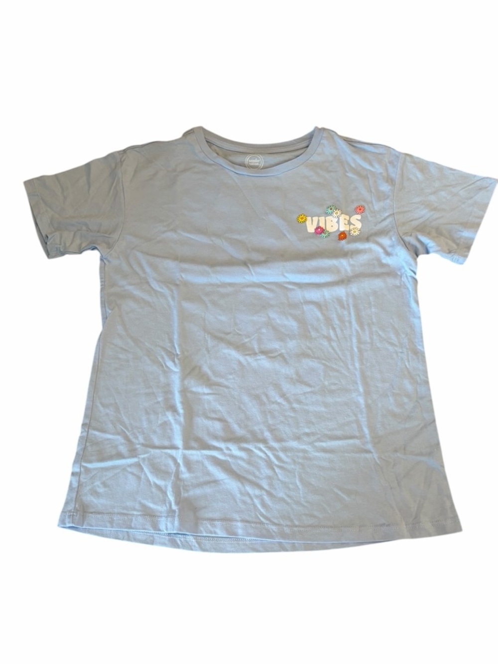 Wonder Nation “Real Good Vibes” Graphic Tee Blue Floral Back Print NWOT